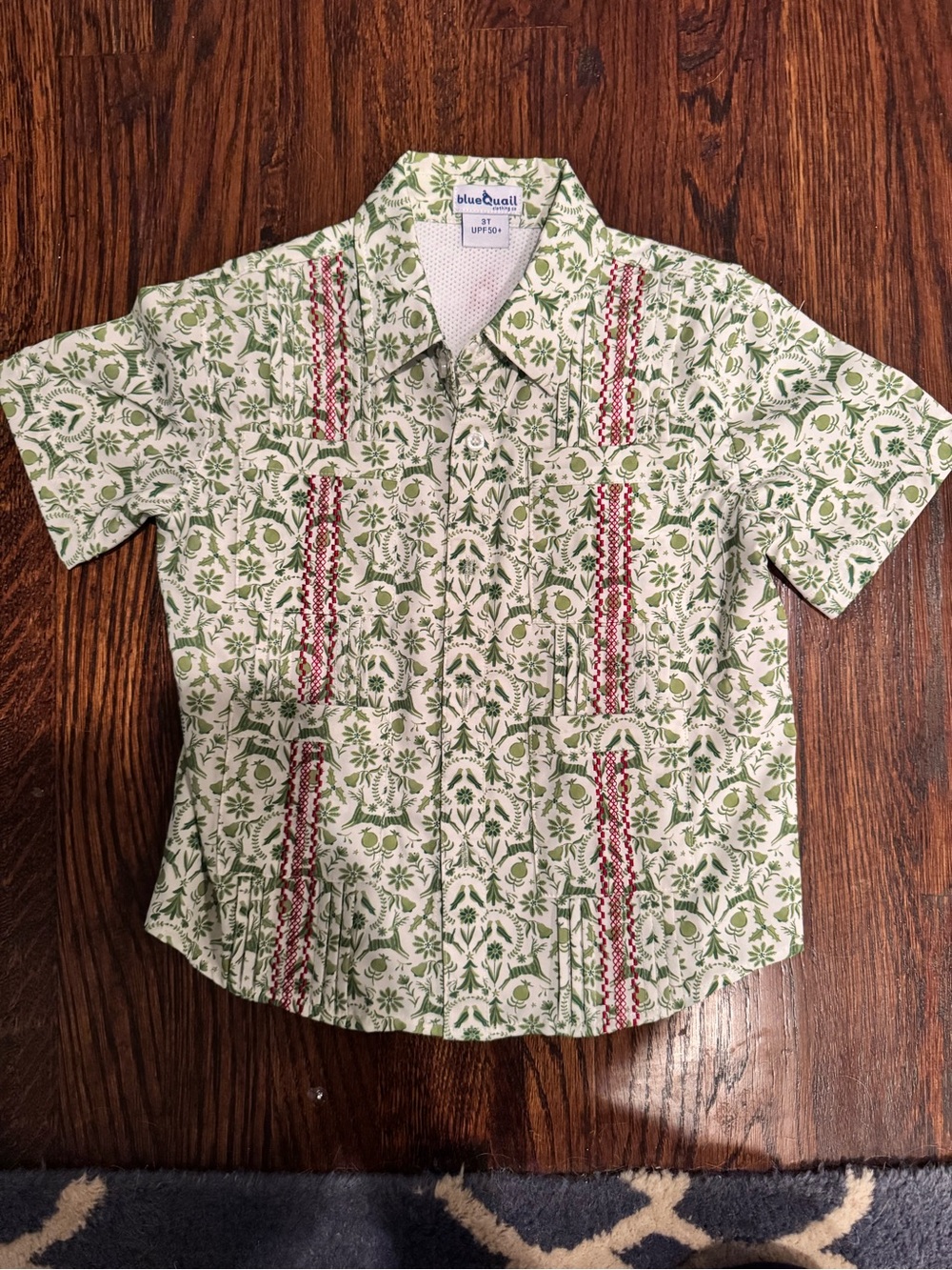 Blue quail green and red Guayabera Christmas short sleeve shirt 3T